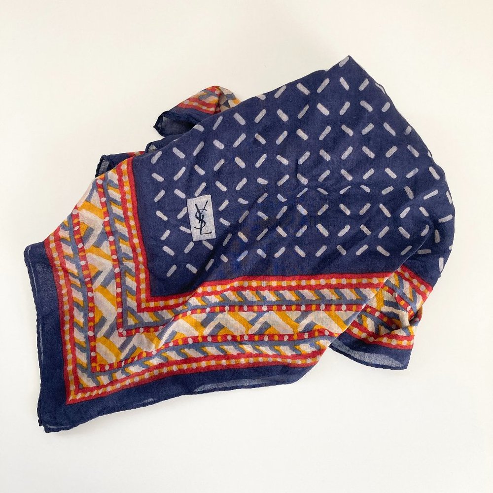 YSL Cotton Batik Style Scarf, 1970s Yves Saint Laurent Cotton Navy Neck Scarf